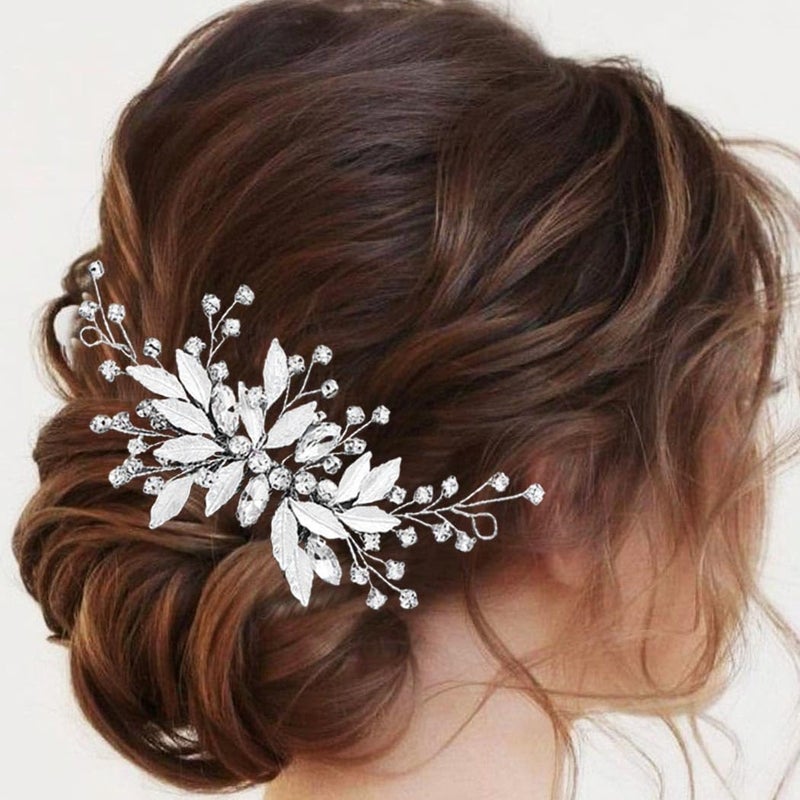 Latious Silver Bride Wedding Hair Comb Leaf Bridal Hair Piece Rhinestone Hair Accessories for Women and Girls Silver