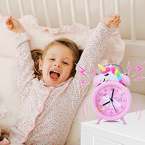 TCJJ Unicorn Alarm Clock for Girls Kids, Cute Bedroom Decoration, Non Ticking Silent Second Hand, w/Backlight Super Loud Twin Bell, for Kids Unicorn Gifts (Pink) - Image 4