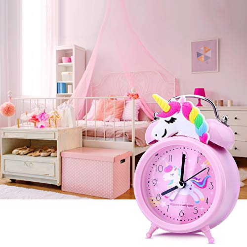 TCJJ Unicorn Alarm Clock for Girls Kids, Cute Bedroom Decoration, Non Ticking Silent Second Hand, w/Backlight Super Loud Twin Bell, for Kids Unicorn Gifts (Pink) - Image 3