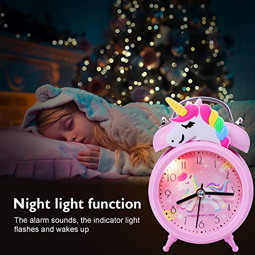 TCJJ Unicorn Alarm Clock for Girls Kids, Cute Bedroom Decoration, Non Ticking Silent Second Hand, w/Backlight Super Loud Twin Bell, for Kids Unicorn Gifts (Pink) - Image 5