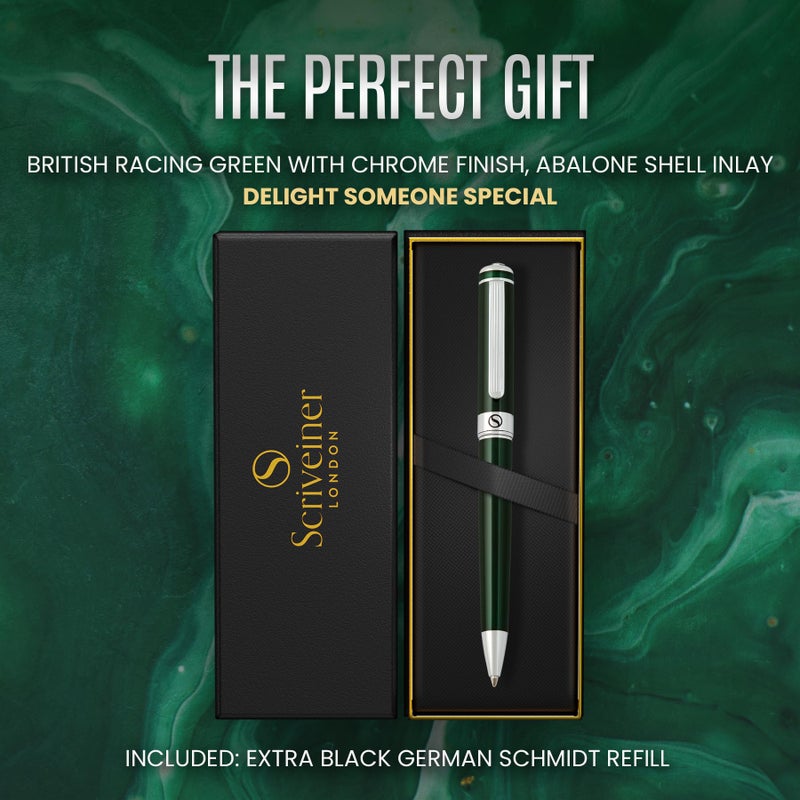 Scriveiner Green Ballpoint Pen - Stunning British Racing Green Luxury Pen, Chrome Finish, Schmidt Black Refill, Best Ball Pen Gift Set for Men & Women, Professional Executive Office, Nice Designer Pen - Image 3