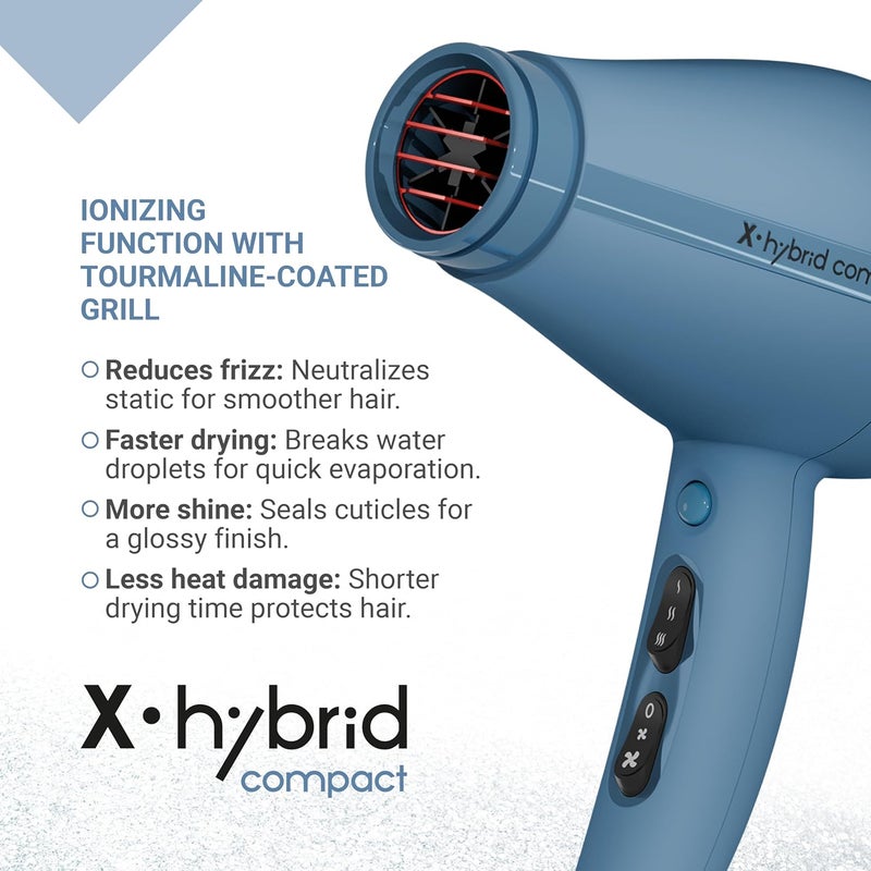 Gamma Professional Hair Dryer X-Hybrid Compact, Lightweight and Compact Hair Dryer, Ion Technology, Tourmaline Coated Grid, 1800-2100W (Avio Blue) - Image 3