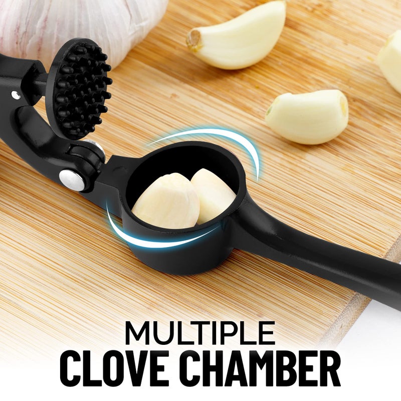 Zulay Kitchen Premium Garlic Press Set - Rust Proof Professional Garlic Mincer Tool - Easy-Squeeze, Easy-Clean with Soft, Ergonomic Handle - Silicone Garlic Peeler & Brush (Black) - Image 4