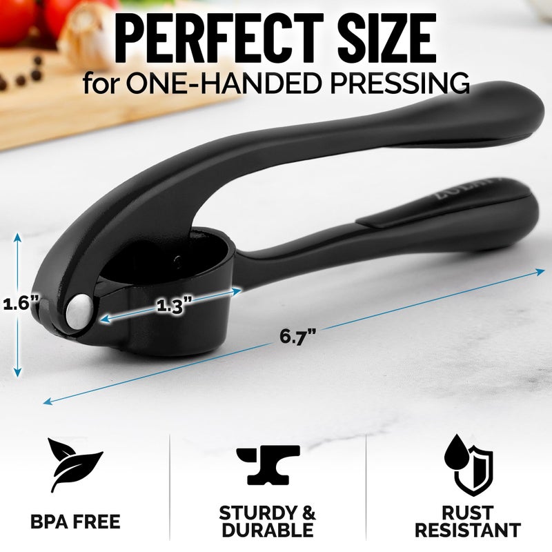 Zulay Kitchen Premium Garlic Press Set - Rust Proof Professional Garlic Mincer Tool - Easy-Squeeze, Easy-Clean with Soft, Ergonomic Handle - Silicone Garlic Peeler & Brush (Black) - Image 3
