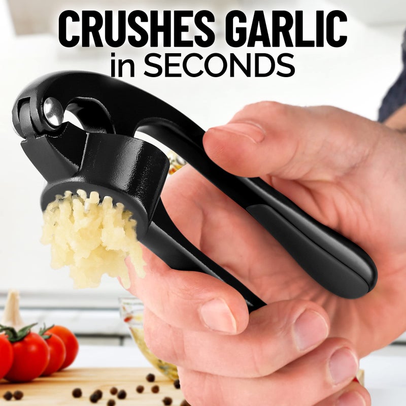 Zulay Kitchen Premium Garlic Press Set - Rust Proof Professional Garlic Mincer Tool - Easy-Squeeze, Easy-Clean with Soft, Ergonomic Handle - Silicone Garlic Peeler & Brush (Black) - Image 2