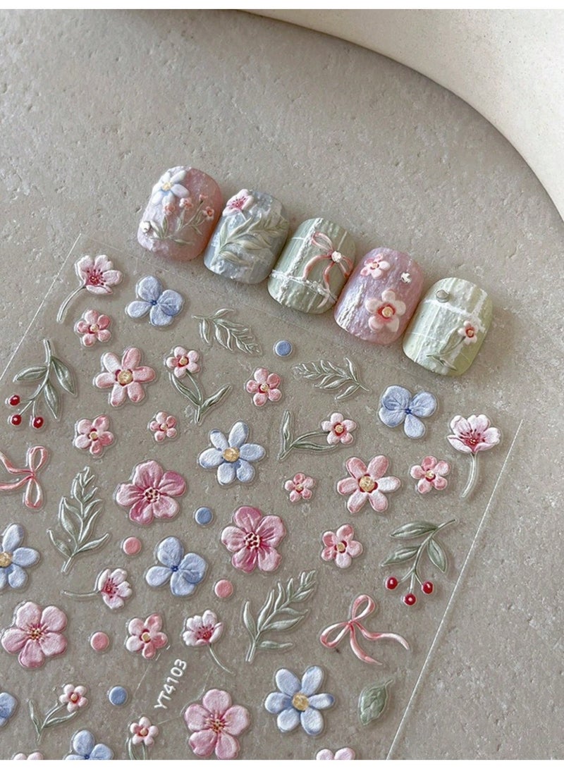 Self-Adhesive 3D Floral Nail Art Stickers With Colorful Flower Designs For Spring And Summer Manicure, 1 Sheet With Tweezers - Image 2