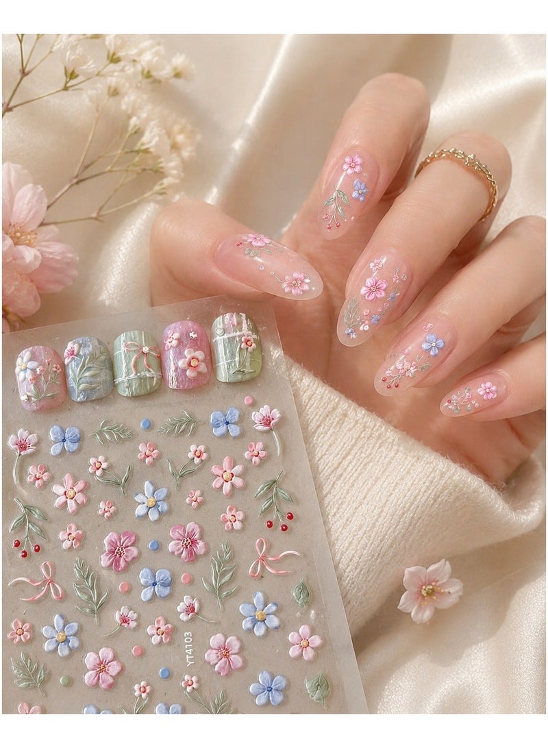 Self-Adhesive 3D Floral Nail Art Stickers With Colorful Flower Designs For Spring And Summer Manicure, 1 Sheet With Tweezers - Image 1