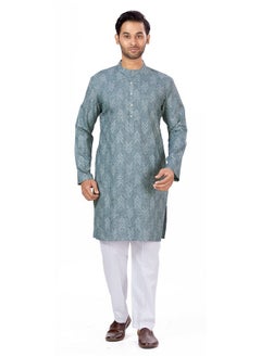 Studio Shringaar Studio Shringaar Men's Cotton Blend Relaxed Fit Ikat Printed Knee Length Kurta(M119, Grey_5XL)  - Image 5