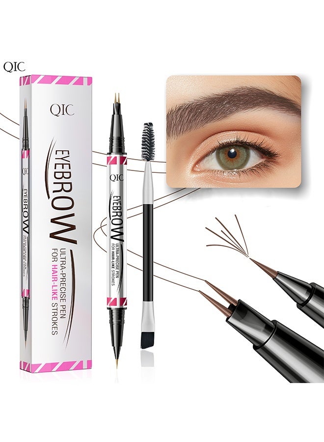كيو اي سي حاجب، قلم فائق الدقة لرسم شعيرات دقيقة، قلم حواجب 2 في 1 ذو طرفين مع فرشاة مزدوجة، لحواجب طبيعية تشبه الشعر، طويل الأمد، بني - Image 1