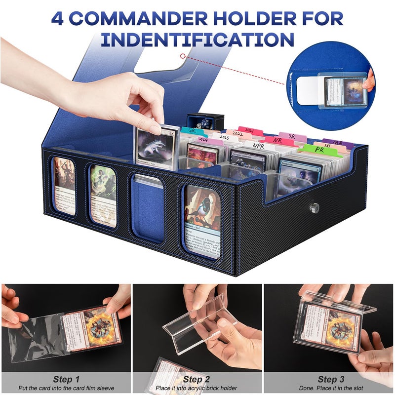 Gomyrod 3200+ Trading Card Storage Box with Commander Display, 4-Row TCG Card Box with Portable Handle, Compatible for TCG/MTG/Magic Cards, 30 Colorful Divider, 8 Supporters, US Design Patent (Black&Blue) - Image 3