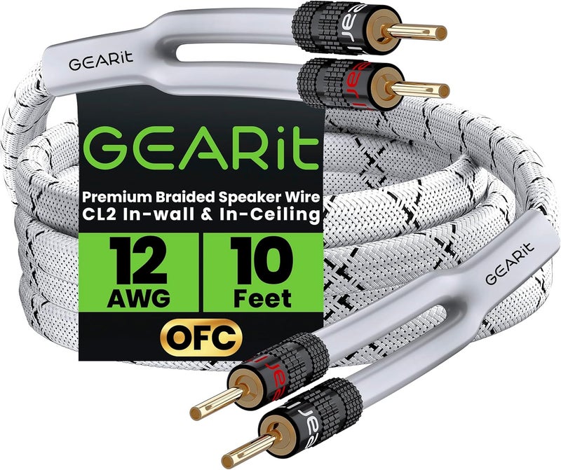 GearIT 12AWG Gauge (2 x 4mm²) Premium Heavy Duty Braided Speaker Wire (3 Meters / 10 Feet/White) with Dual Gold Plated Banana Plug Tips - Oxygen-free Copper (OFC) Construction - Image 1