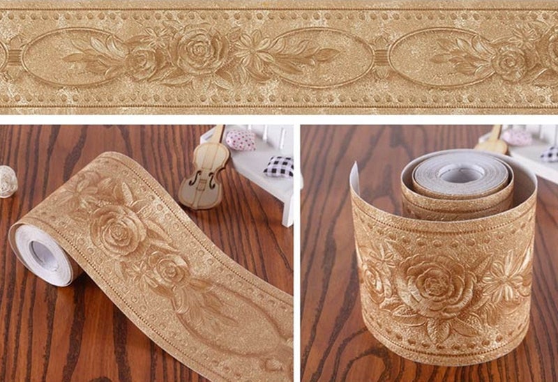REDODECO 3D Flower Pattern Molding Peel Stick Wall Border for Home Decor Bathroom Kitchen,4 inch by 16.4 feet(Gold) - Image 2