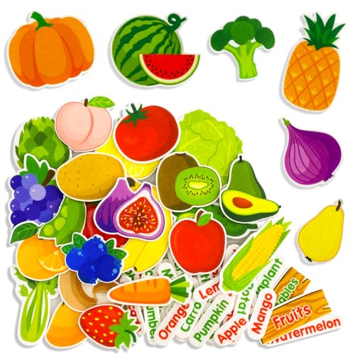 PENGFULL Felt Fruits and Vegetables Learning Pieces62 Felt Flannel Board PiecesLearn Common Fruits and Vegetables and Words for KindergartenPreschoolToddlers - Image 1