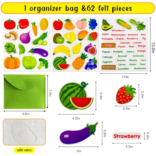 PENGFULL Felt Fruits and Vegetables Learning Pieces62 Felt Flannel Board PiecesLearn Common Fruits and Vegetables and Words for KindergartenPreschoolToddlers - Image 5