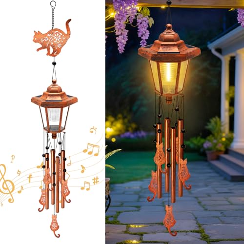 yulloyello Large Solar Cat Wind Chimes, Gifts for Women Mom Grandma Wife Sister Daughter Neighbor Nana, Classic Bronze Wind Chimes With Wind Catcher, Solar Decor Lights For Outdoor Garden Patio Yard Porch Window - Image 1