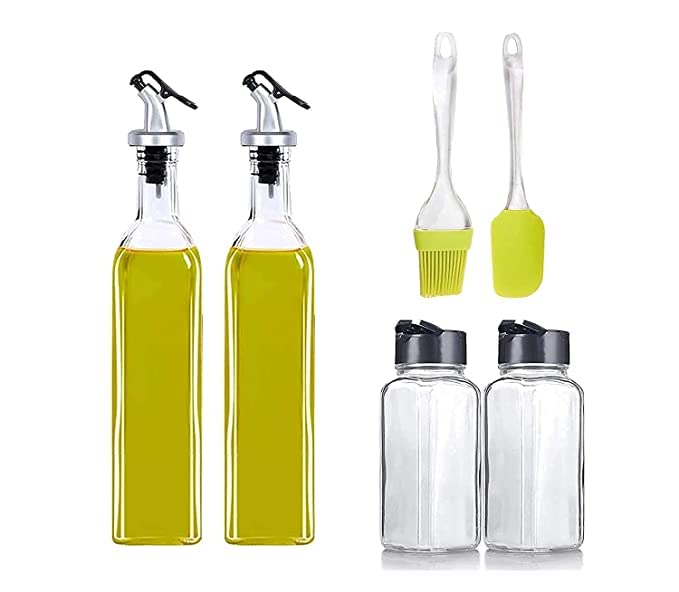 Cartvilla Cartvilla Glass Olive Oil Vinegar Dispenser Gravy Kitchen Oil Bottle Proof Soy Sauce 500 ml Set of 2 120 ml Spice Jar Set of 2 Spatula 1 and Oil Brush 1 Use for Kitchen Transparent Pack of 6 - Image 1