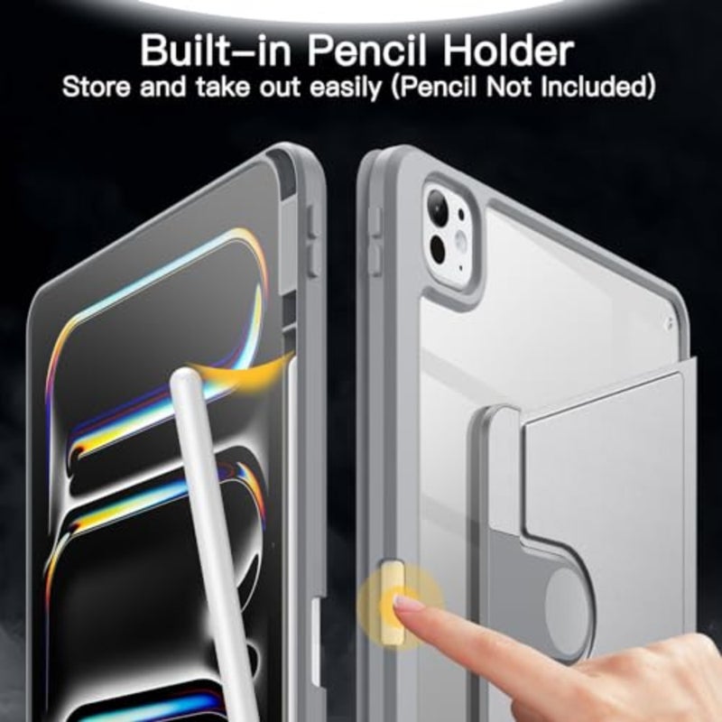 غطاء حافظة iPad Pro 13 M5/M4 2025/2024: ظهر شفاف، أسود، حامل دوران 360 درجة مع تنبيه/نوم تلقائي وحامل قلم رصاص للحماية الكاملة - Image 5