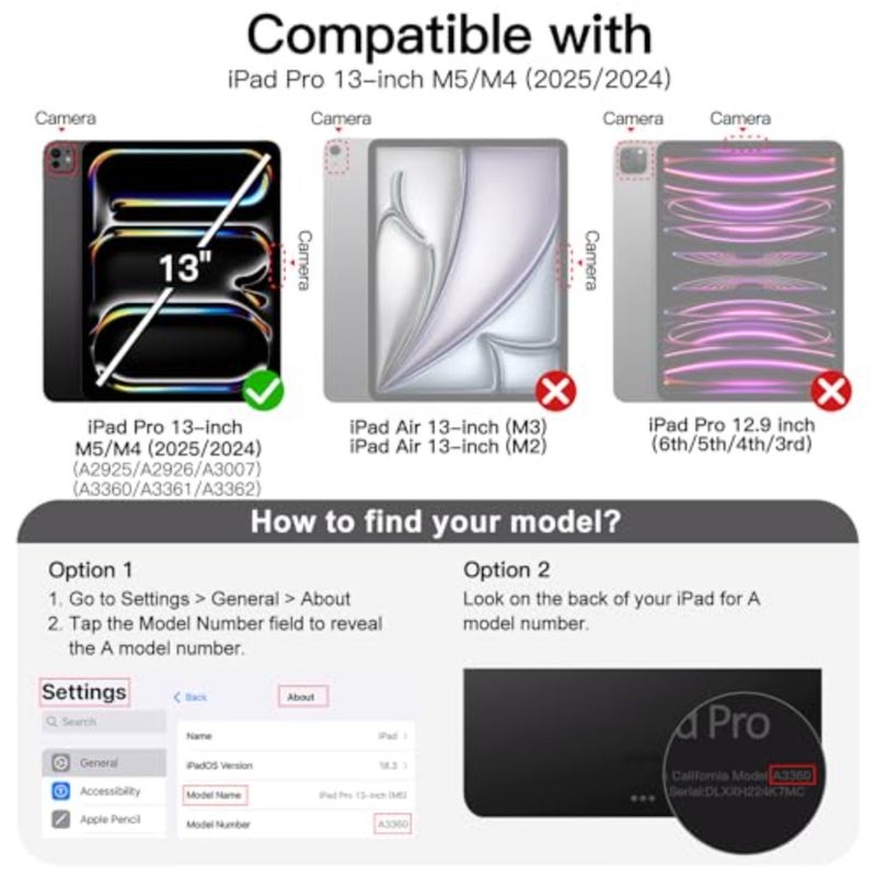 غطاء حافظة iPad Pro 13 M5/M4 2025/2024: ظهر شفاف، أسود، حامل دوران 360 درجة مع تنبيه/نوم تلقائي وحامل قلم رصاص للحماية الكاملة - Image 2