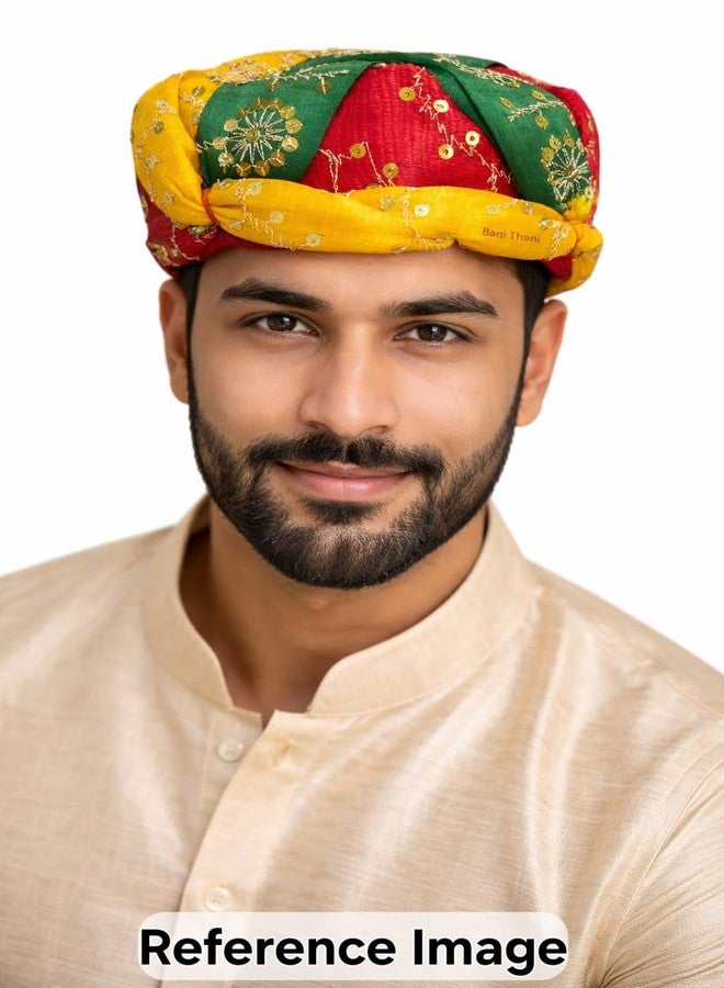 BANI THANI Authentic Fancy Rajasthani Pagdi for Men's & Women's Traditional Round Turban for Wedding or Any Party Events or Festival, Freesize Pagdi Support Upto 22inch head size (Multicolour) - Image 2