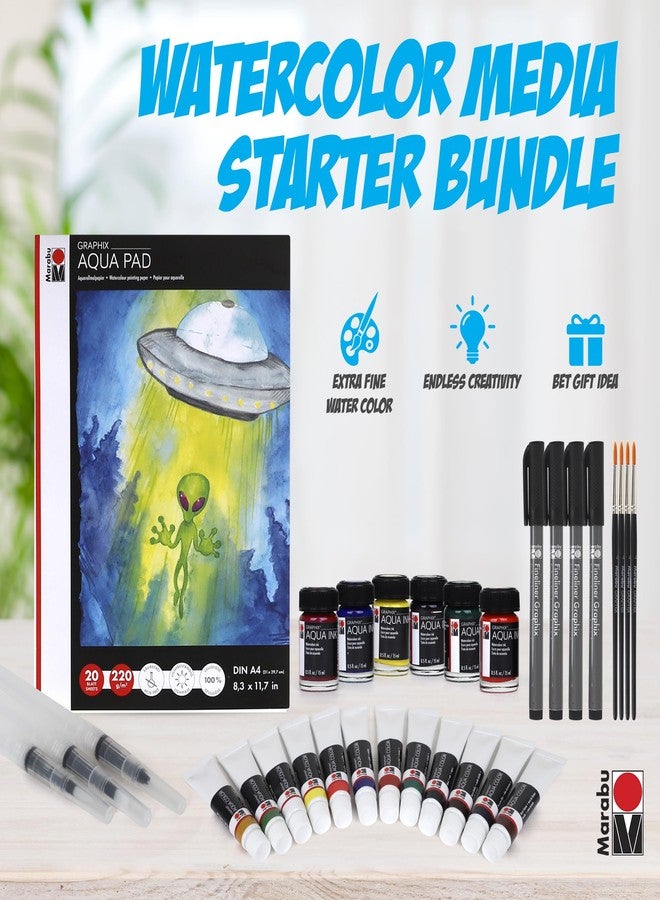 Marabu Watercolor And Mixed Media Set - Quality Watercolor Paper 20 Sheets, A4 220 GSM - 12 Watercolor Paint Tubes, 6 Watercolor Inks, 4 Black Fineliner Pens, and 3 Water Fillable Brushes - Image 2