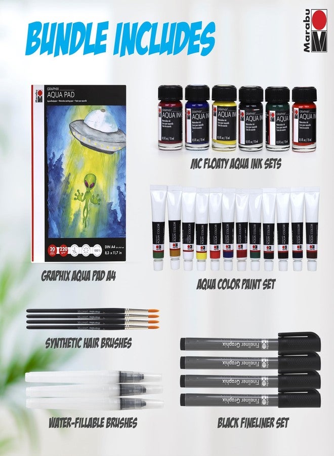 Marabu Watercolor And Mixed Media Set - Quality Watercolor Paper 20 Sheets, A4 220 GSM - 12 Watercolor Paint Tubes, 6 Watercolor Inks, 4 Black Fineliner Pens, and 3 Water Fillable Brushes - Image 3