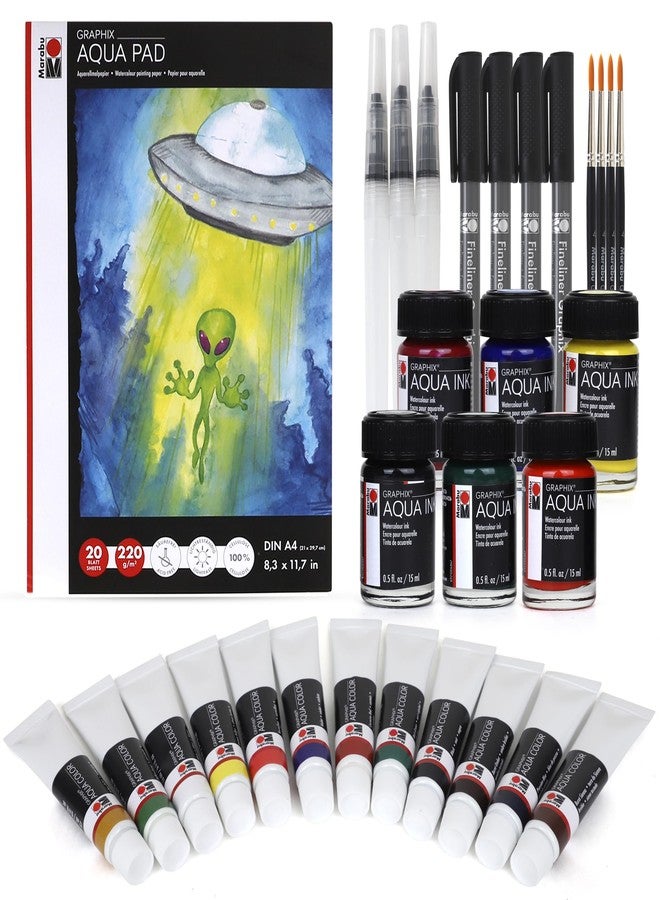 Marabu Watercolor And Mixed Media Set - Quality Watercolor Paper 20 Sheets, A4 220 GSM - 12 Watercolor Paint Tubes, 6 Watercolor Inks, 4 Black Fineliner Pens, and 3 Water Fillable Brushes - Image 1
