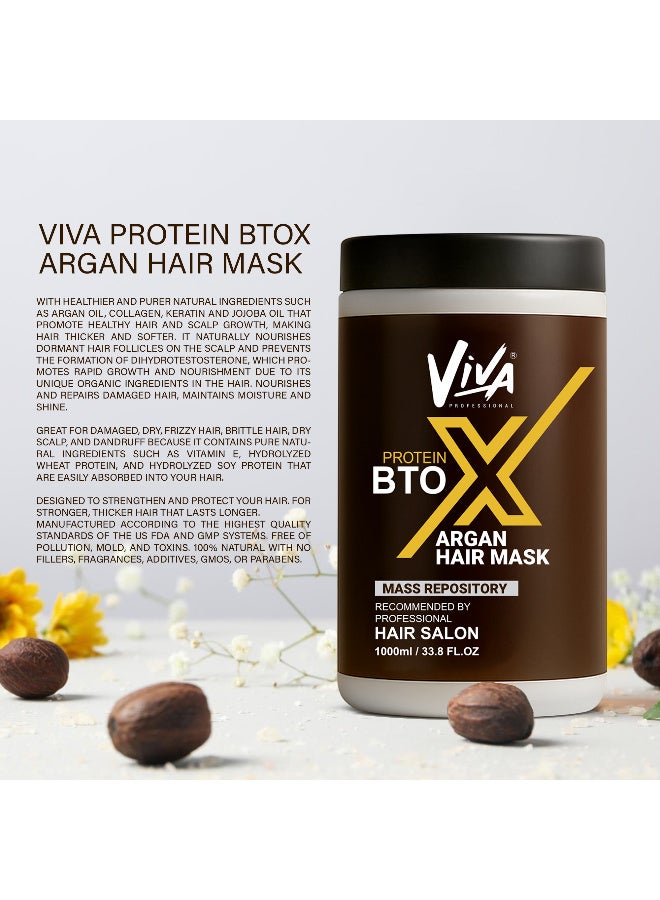 VIVA Professional Protein BTOX Argan Hair Mask 1000ml | Deep Repair Hair Treatment with Argan Oil, Keratin, Collagen & Jojoba Oil | Moisturizing Hair Mask for Dry, Damaged & Frizzy Hair - Image 3