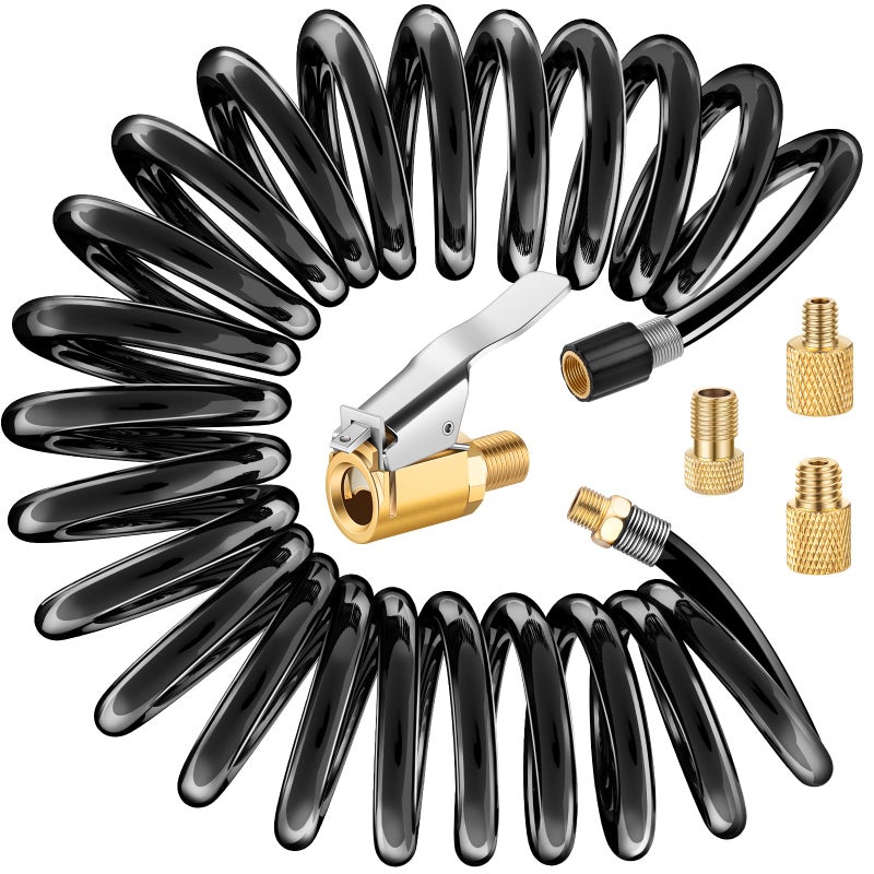 LUMITECO 98 FT Extension Recoil Air Hose Adapter ClipOn Air Chuck wPresta Valve Adapter Flexible PU Hose for Air Compressor Attachments Tire Inflator Pump Air Hose Nozzle for Car Motorcycle
