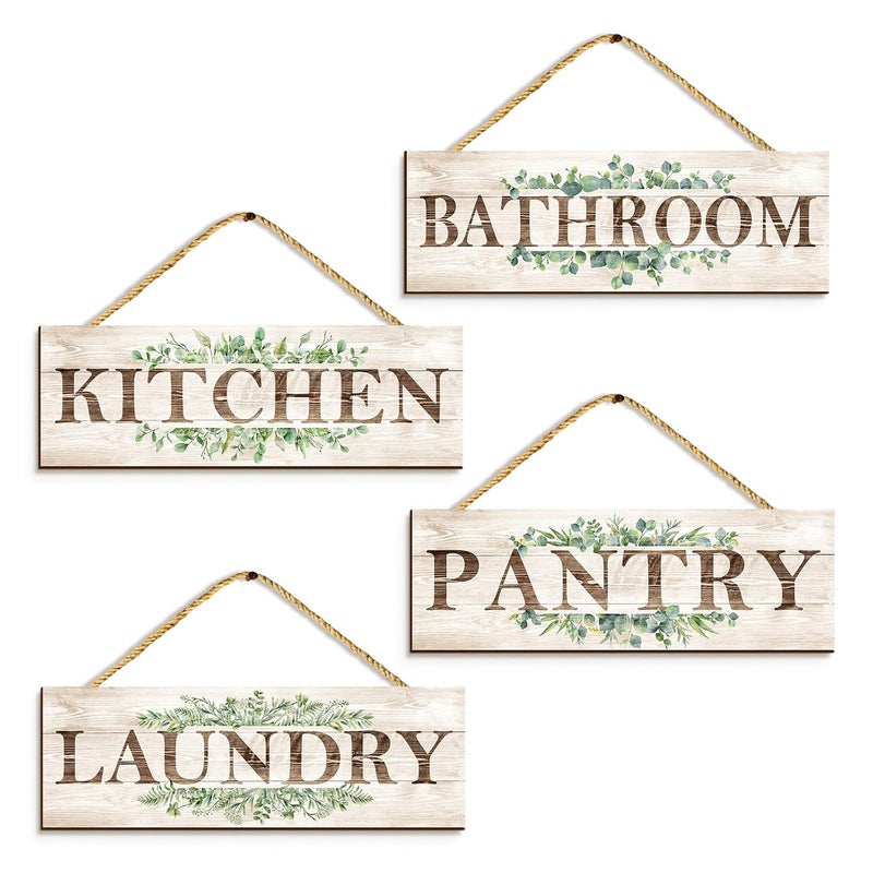 Al Raied ARS® Wooden Sign Wall Decor 4 Piece Set - Rustic Farmhouse Plaques for Bathroom, Kitchen, Laundry, and Pantry - Image 1