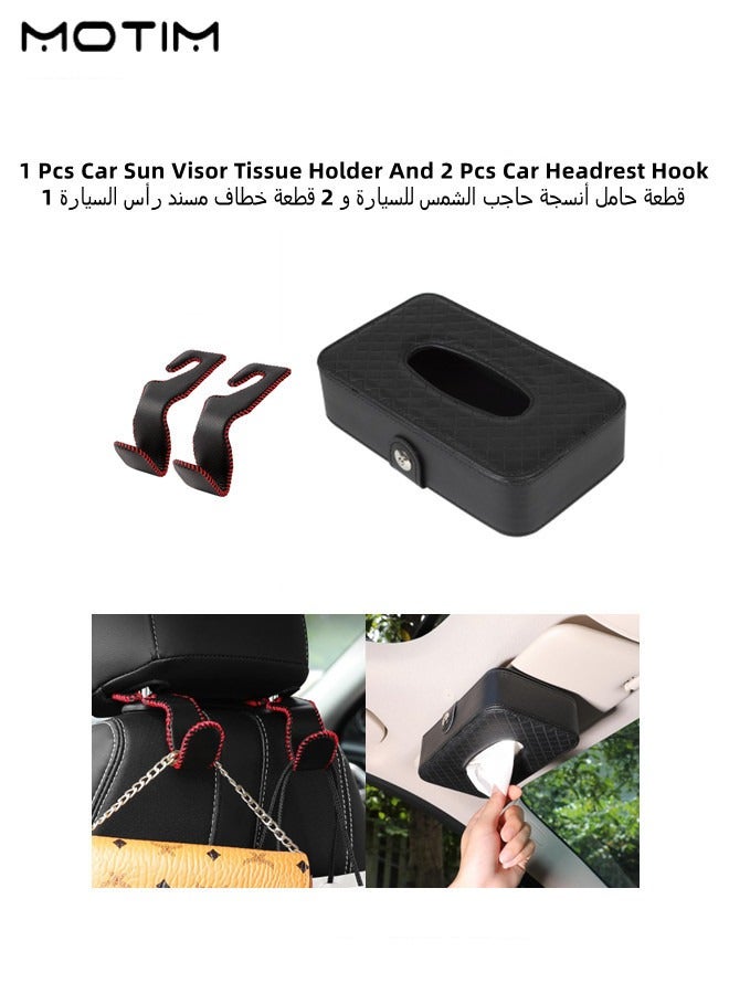 Motim 1 Pcs Car Leather Tissue Holder, Sun Visor Hanging Tissue Box Tissue Case and 2 Pcs Leather Car Seat Hook, Vehicle Back Seat Hanger Storage for Purse Groceries Bag  - Image 1
