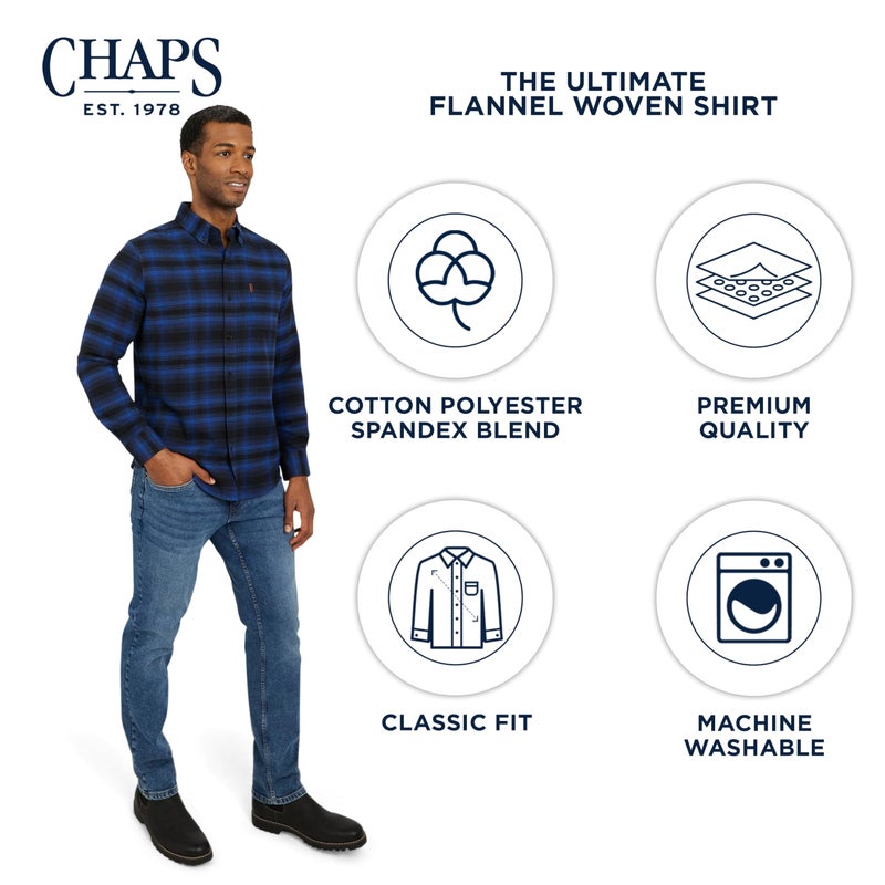 Chaps Men's Classic Fit Long Sleeve Button Down Stretch Flannel Casual Woven Shirt, Royal Blue, X-Large - Image 4