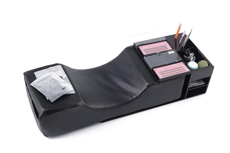 PRASNE وسادة عنق لتمديد الرموش مع حامل منظم رف أكريليك، وسادة جلد PU مقاومة للماء لأدوات عرض تمديد الرموش - رف أسود + وسادة سوداء محدثة