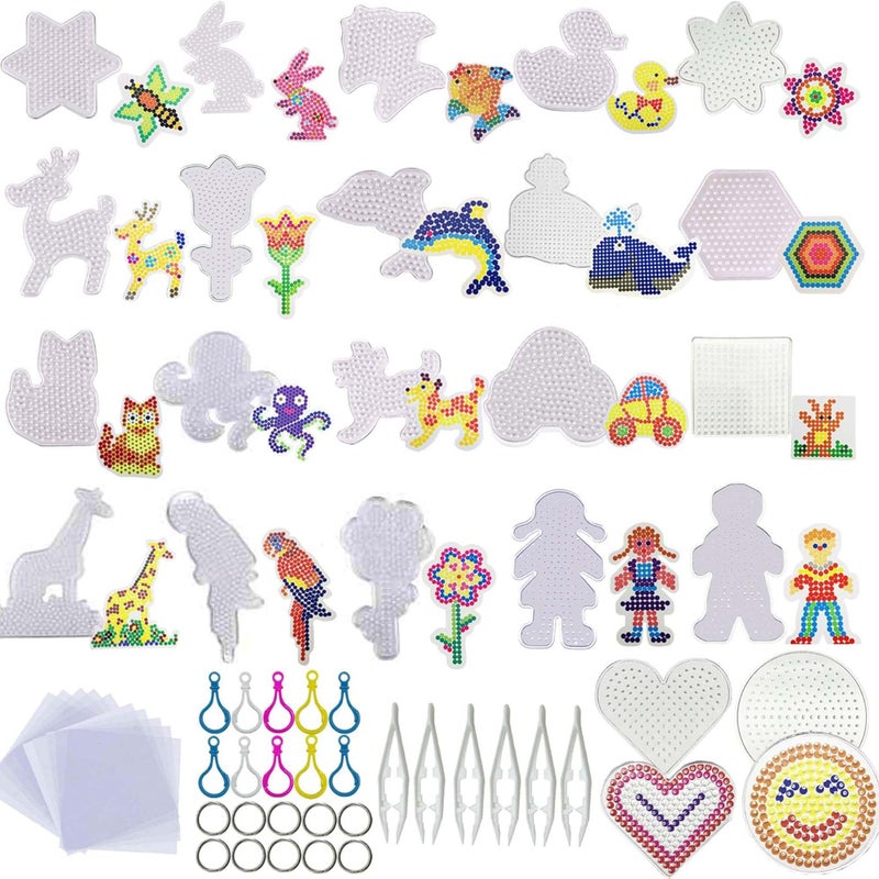 Allazone 5 mm 48 PCS Pack Fuse Beads Boards, 22 PCS Animal Clear Plastic Pegboards with 6 PCS White Beads Tweezers, 10 PCS Ironing Paper and 10 PCS Colorful Keychain for Kids Craft Supplies - Image 1
