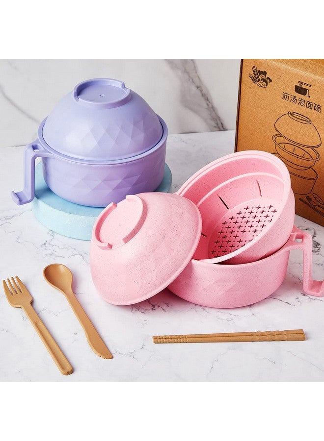 Romooa 2 Sets Microwave Ramen Cooker Bowl Set 33 oz Quick Ramen Cooker with Handles Ramen Noodle Cooker with Spoon Chopsticks Fork College Dorm Room Apartment Essentials(Pink, Purple) - Image 4