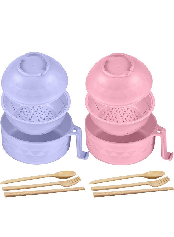 Romooa 2 Sets Microwave Ramen Cooker Bowl Set 33 oz Quick Ramen Cooker with Handles Ramen Noodle Cooker with Spoon Chopsticks Fork College Dorm Room Apartment Essentials(Pink, Purple) - Image 1
