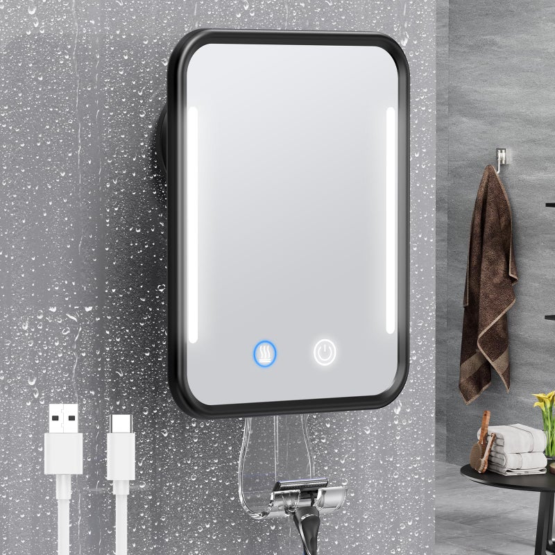 Gospire Heated Shower Mirror Fogless for Shaving with Light Rechargeable Battery and Adjustable Brightness Suction Cup and Razor Holder Removable  NODrilling Waterproof for Bathroom Black