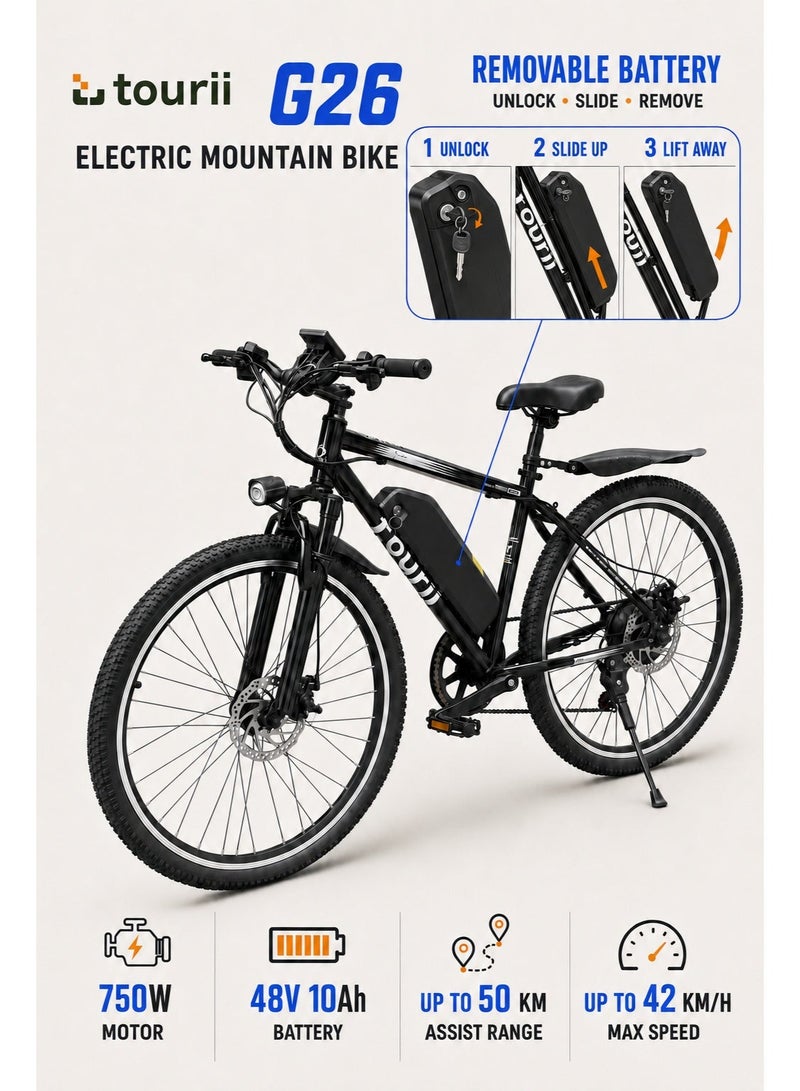 Tourii G26 Electric Mountain Bike, 750W Motor, 48V 10Ah Removable Battery, 26 × 1.95 Inch Tires, Shimano 7-Speed, Up to 42 km/h, Black - Image 1