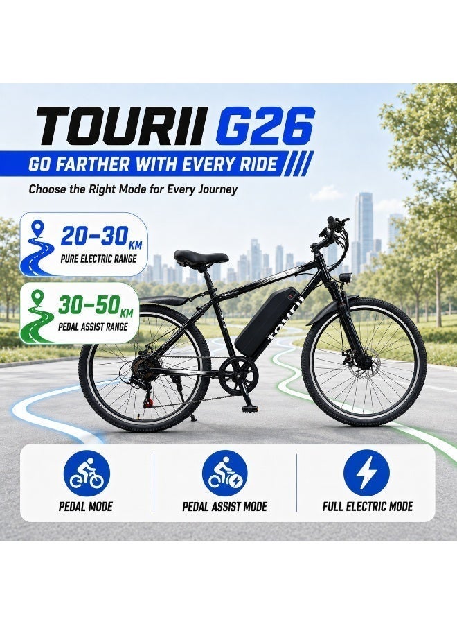 Tourii G26 Electric Mountain Bike, 750W Motor, 48V 10Ah Removable Battery, 26 × 1.95 Inch Tires, Shimano 7-Speed, Up to 42 km/h, Black - Image 3