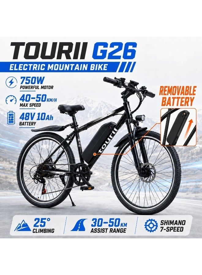 Tourii G26 Electric Mountain Bike, 750W Motor, 48V 10Ah Removable Battery, 26 × 1.95 Inch Tires, Shimano 7-Speed, Up to 42 km/h, Black - Image 2