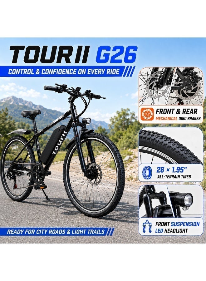 Tourii G26 Electric Mountain Bike, 750W Motor, 48V 10Ah Removable Battery, 26 × 1.95 Inch Tires, Shimano 7-Speed, Up to 42 km/h, Black - Image 4