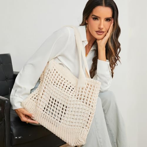 ENBEI Women's Beach Tote Bag, Crocheted Knit Hollow Design, Stylish & Spacious Tote for Beach,Travel,and Everyday Use,Cute Aesthetic Summer Handbag (white) - Image 4