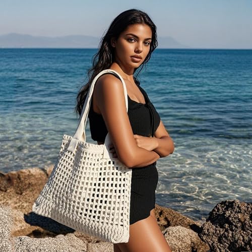 ENBEI Women's Beach Tote Bag, Crocheted Knit Hollow Design, Stylish & Spacious Tote for Beach,Travel,and Everyday Use,Cute Aesthetic Summer Handbag (white) - Image 5