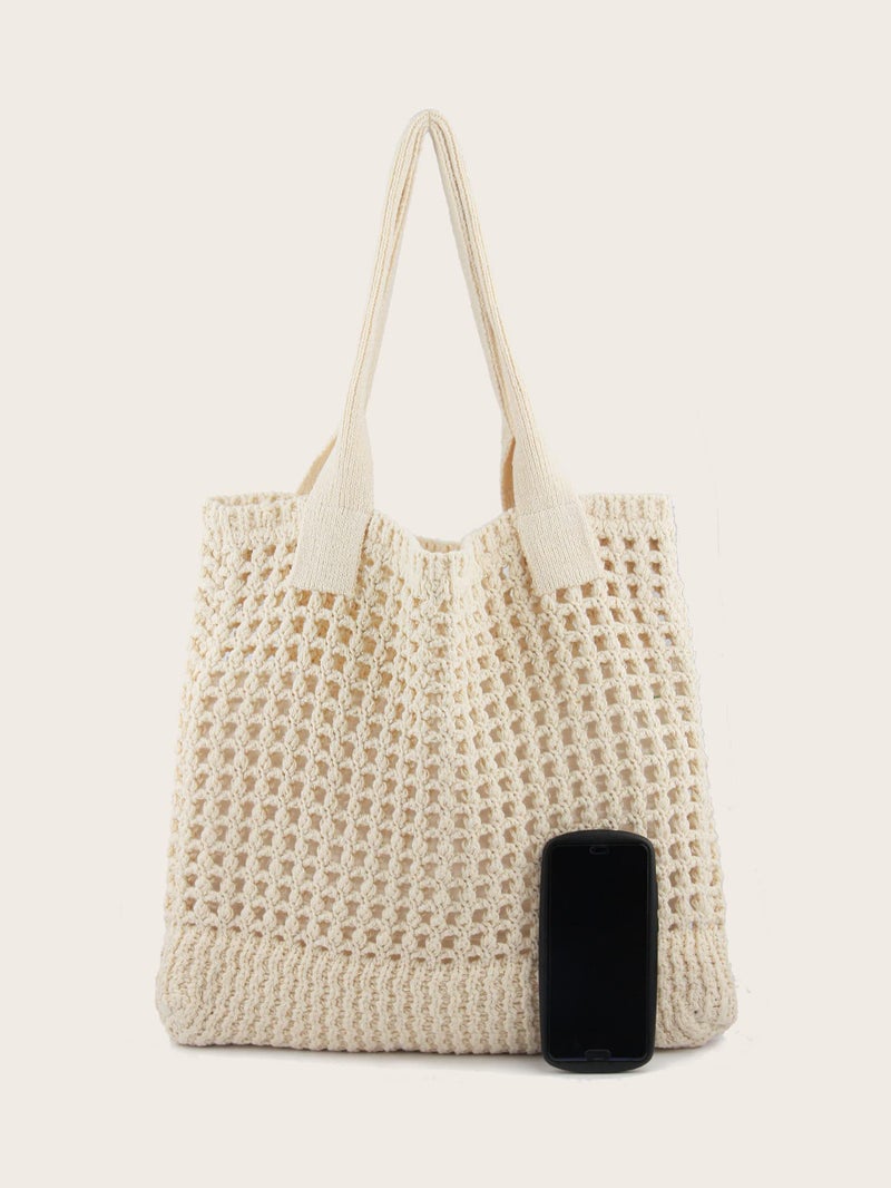 ENBEI Women's Beach Tote Bag, Crocheted Knit Hollow Design, Stylish & Spacious Tote for Beach,Travel,and Everyday Use,Cute Aesthetic Summer Handbag (white) - Image 3
