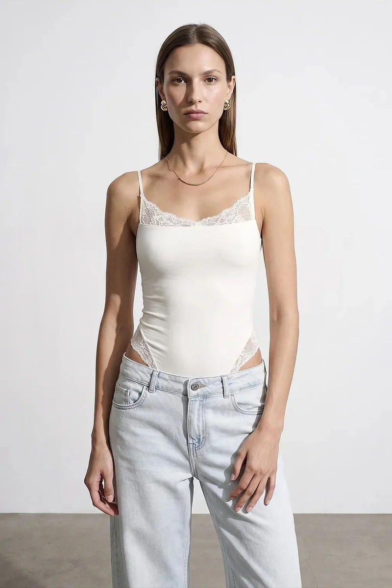 Dilvin White DILVIN Lace Sleeveless Slim-fit Bodysuit Blouse for Women | Best Price UAE