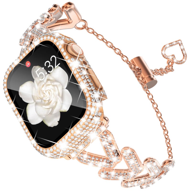 KADES Compatible for Apple Watch Band and Case Series 9 8 7, Bling to Your Watch with our Metal Diamond Band Shiny and Stylish for Women with Full Diamond Screen Protector (45mm, Rose Gold) - Image 1