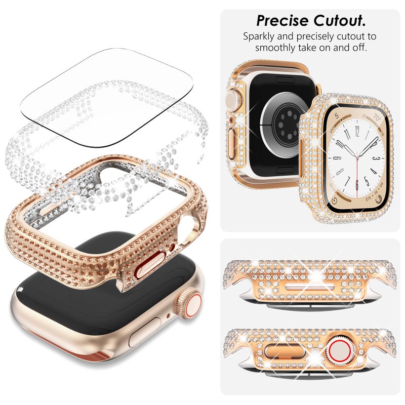 KADES Compatible for Apple Watch Band and Case Series 9 8 7, Bling to Your Watch with our Metal Diamond Band Shiny and Stylish for Women with Full Diamond Screen Protector (45mm, Rose Gold) - Image 3