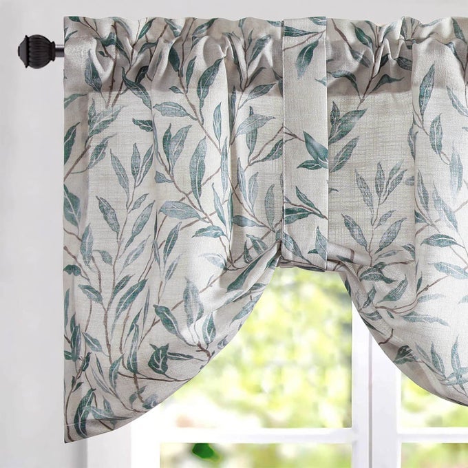 TIEUP VALANCE FOR KITCHEN WINDOWS TIE UP CURTAINS FOR WINDOWS BLUE LEAF PRINT ADJUSTABLE BALLOON SHADES ROD POCKET CURTAIN PANELS VALANCES FOR CAFE 52X18 ONE PIECE