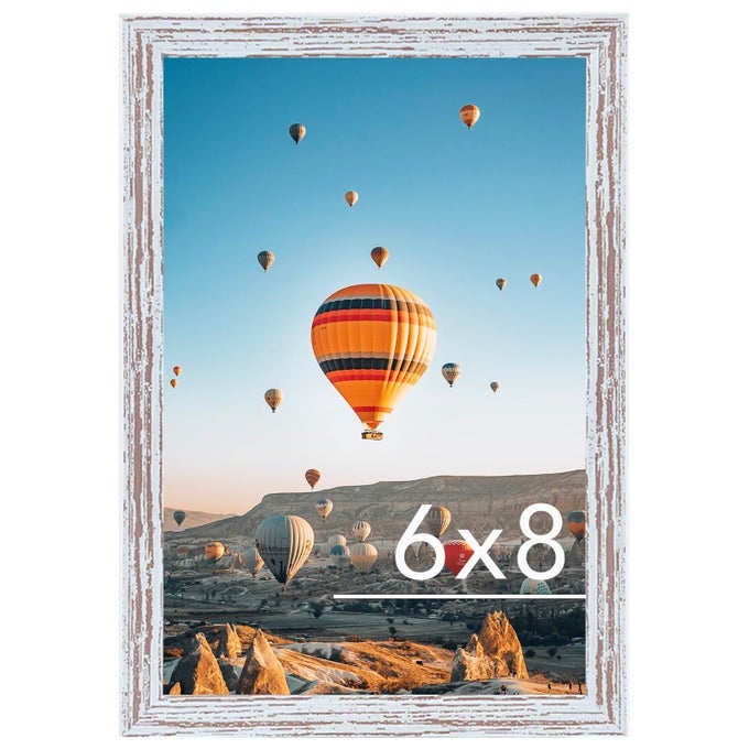 6X8 PICTURE FRAME RUSTIC WHITE FOR WALL HANGING OR TABLETOP WALL MOUNTING HORIZONTALLY OR VERTICALLY 6 X 8 WALL GALLERY POSTER PHOTO FRAME WITH SHATTER RESISTANT PLEXIGLASS RUSTIC WHITE