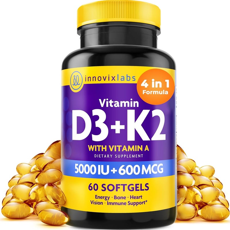 InnovixLabs Vitamin D3 K25000 IU Vitamin D3 Plus 600 mcg Vitamin K2 MK4 and MK7 for Max Calcium Absorption Supports Bone Immune Heart Health 3rd Party Tested Gluten Free 60 Softgels - Image 1