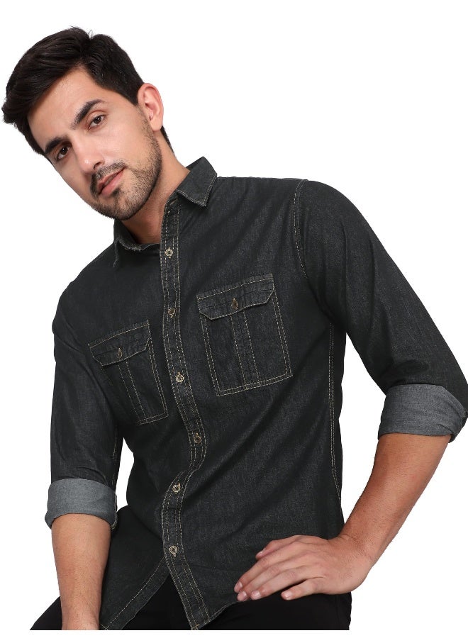 Beyoung Long Sleeve Black Denim Shirt for Men  - Image 1